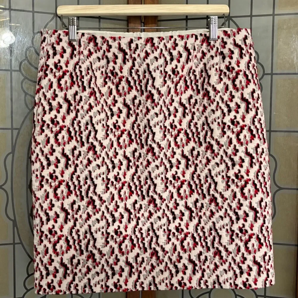J. McLaughlin Elm Skirt Beige Red Watermark Jacquard Business Skirt Size 12